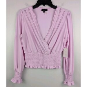 1.STATE Women's Long‎ Sleeve Top S Pink Deep V Neck Smocked Ruffle Blouse Lace